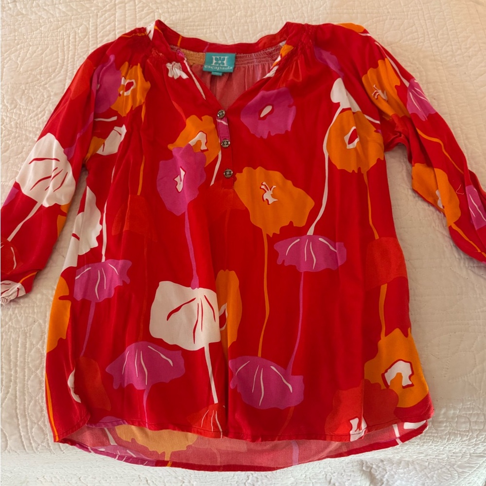 escapada Red Floral Buttonfront Blouse with Orange and Pink Accents
